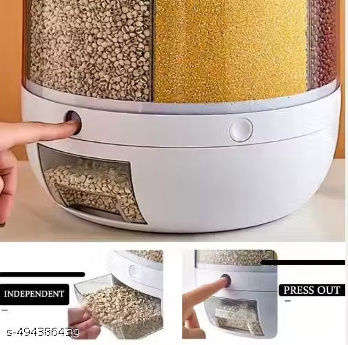 6-Grid Rotating Food Dispenser - Stackable Cereal, Rice, and Grain Storage Container with Measuring Cup