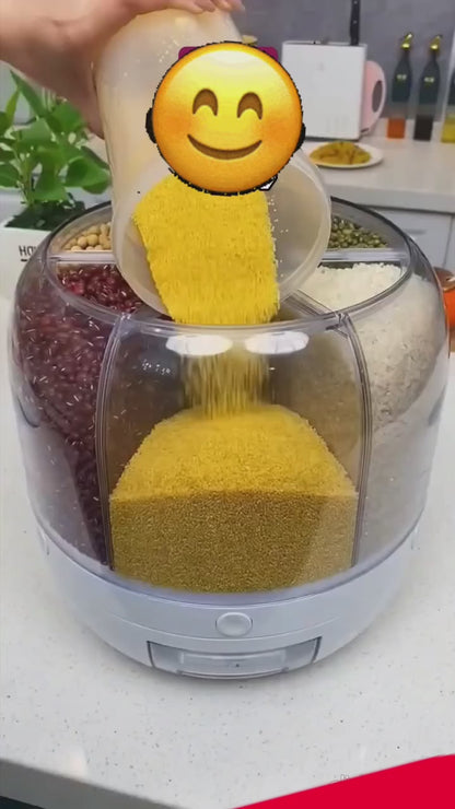 6-Grid Rotating Food Dispenser - Stackable Cereal, Rice, and Grain Storage Container with Measuring Cup