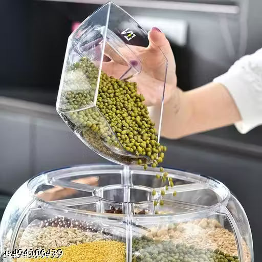 6-Grid Rotating Food Dispenser - Stackable Cereal, Rice, and Grain Storage Container with Measuring Cup